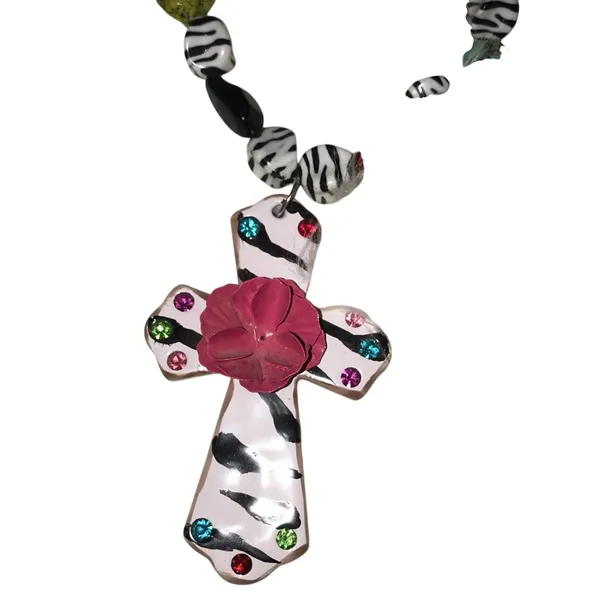 Zebra‎ Print Cross Necklace Set Colorful Rhinestone Pendant NWT - Image 2