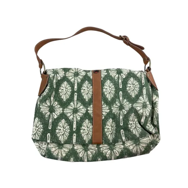 Y2K 90s The Sak Green Floral Canvas Shoulder Bag Brown Faux Leather Trim Purse - Image 6