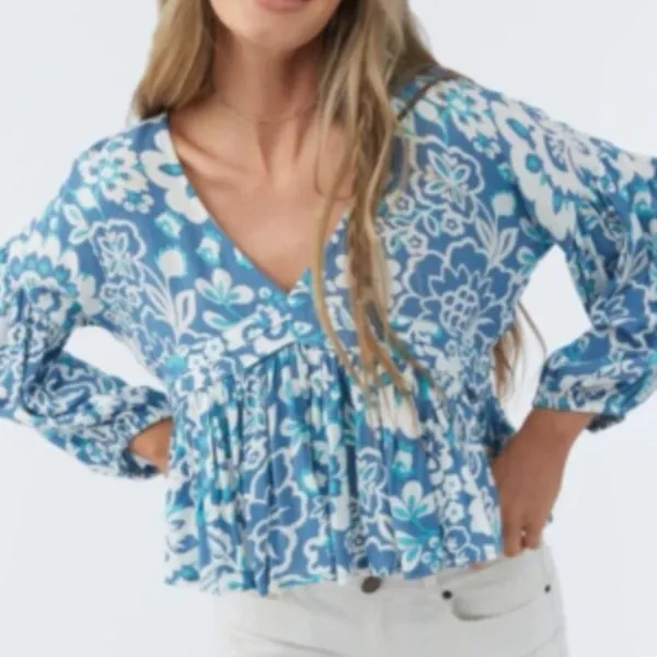 O'Neill Mary Christina Floral Cropped Boho Beach Top Blue Top size L - Image 3