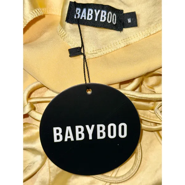 NWT Babyboo Isobel Lemon Yellow Satin Lace Up Back High Slit Maxi Dress Size M - Image 13