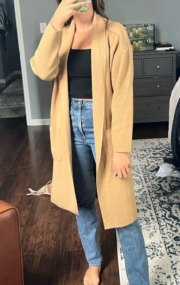 Tan Open Front Knit Long Cardigan - Image 4