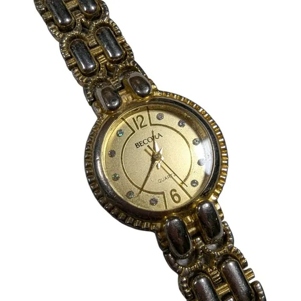 Vtg 1990s Becora Two Tone Gold Silver Bracelet Link Rhinestone Dial Dress Watch - Image 2