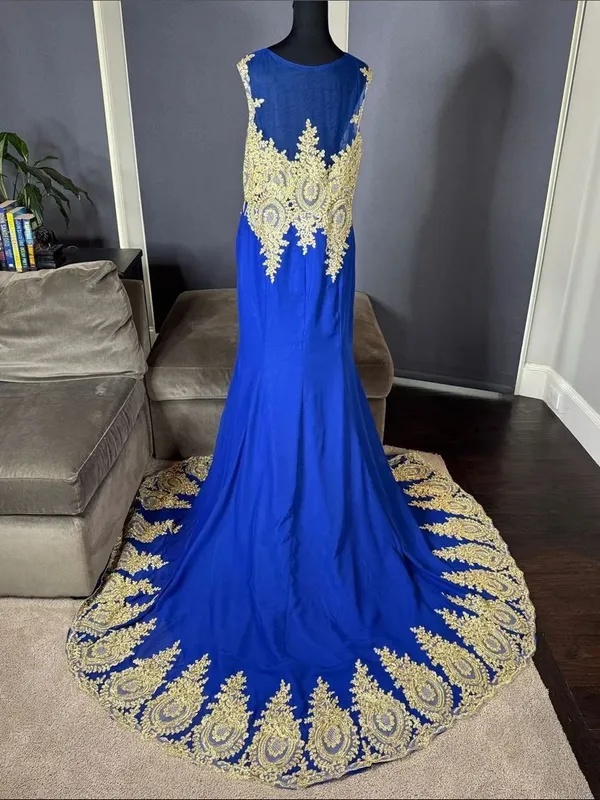 Royal Blue Evening Gown Gold Lace Appliqué with Train Side Zip Size 18 NWT - Image 2