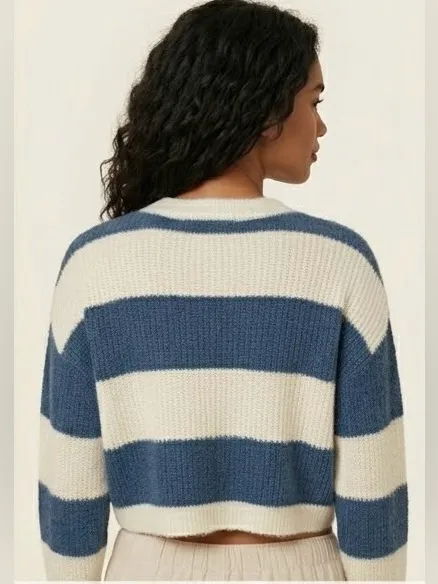 Altar'd State Blue and Cream Striped Button-Front Cropped Cardigan Size Small - Image 2