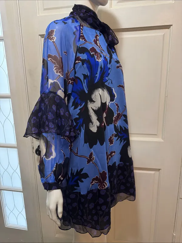 Diane von Furstenberg Designer 100% Silk Floral Blue Long Sleeve Blouse Size S - Image 9