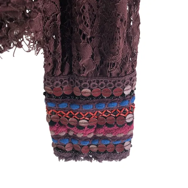 Blank London Womens Top Blouse Lace Embroidered Sequin High Neck Burgundy M - Image 2
