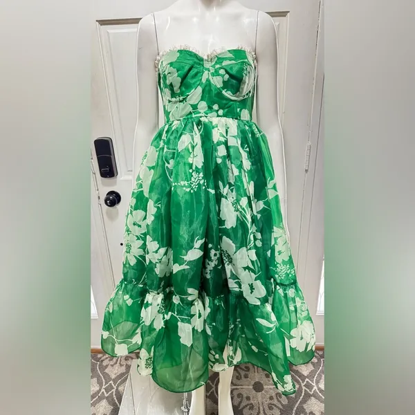 Selkie Strapless Green Floral Midi Dress Size X-Small Retail $325 P-48 - Image 5