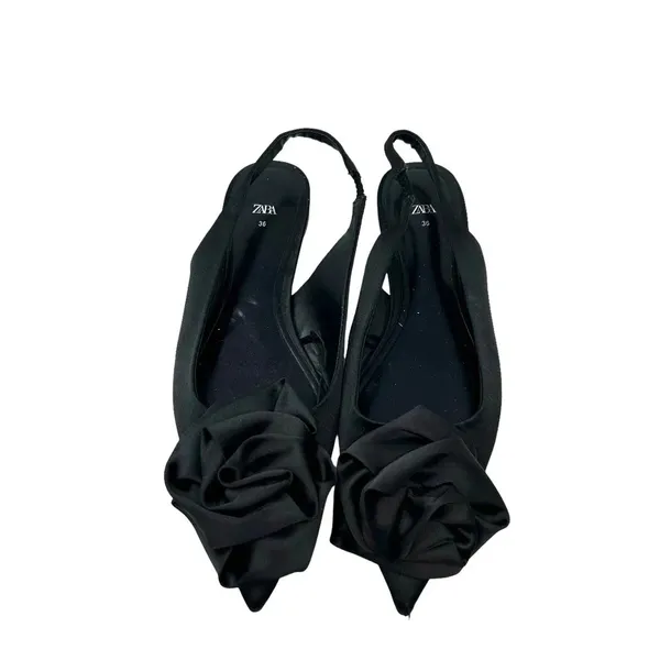 Zara Straple Flat‎ Shoes with Flowers Black Satin Rosette Size 36 US 5 - Image 2