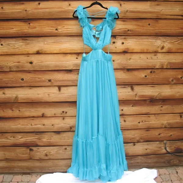 Mac Duggal 70254 Womens Blue Ruffled Shoulder Cut Out Lace Up Gown Dress - Image 8