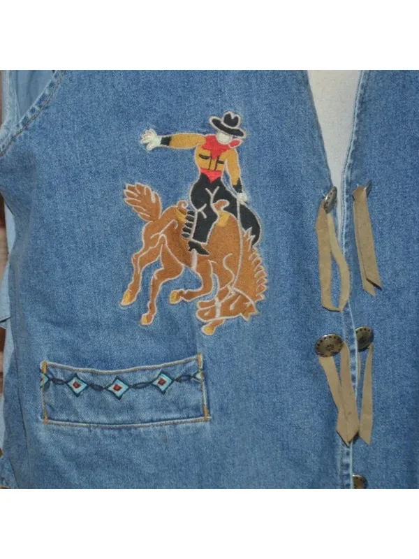 VTG Cambridge Dry Goods Western Denim Vest Womens L Embroidered Rodeo Cowgirl 90 - Image 5