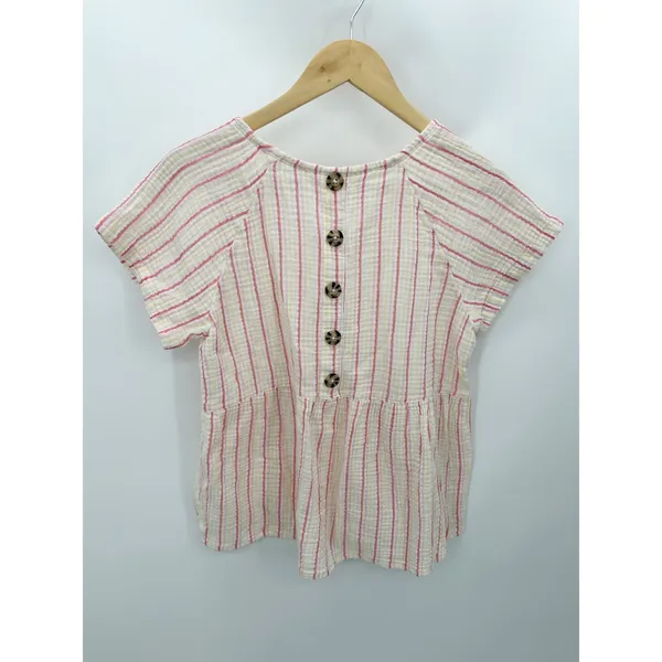 Maurices Women Medium White Red Yellow Striped Cotton Peplum Button‎ Back Top - Image 2