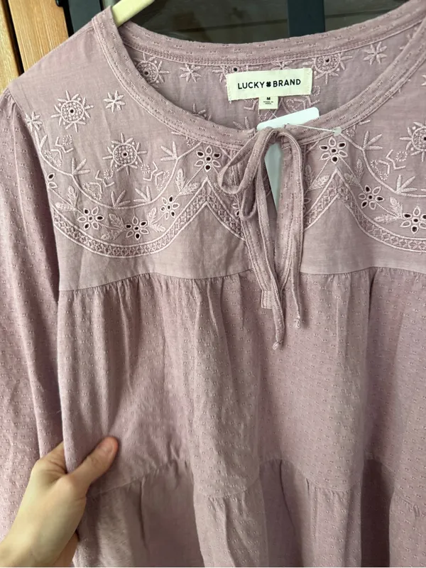 NWT Lucky Brand embroidered babydoll blouse top lavender tie front long sleeve - Image 6