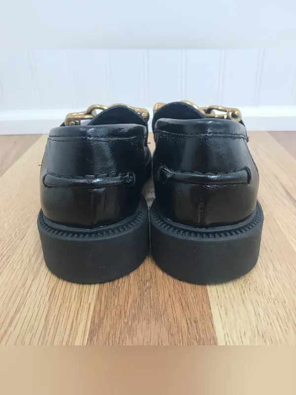 STEVE MADDEN Karmine Black Leather Loafer Size 5‎ Gold Chain Womens Classic - Image 6