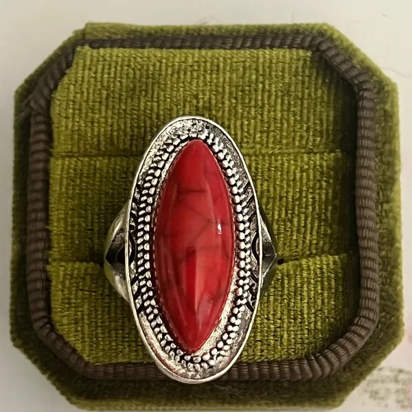 Boho/Design Red Oval Turquoise Stainless Steel Silver Statement Ring Size 8 - Image 2