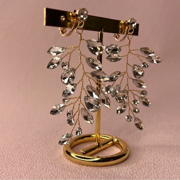 Vintage Gems Bridal Rhinestone Vine Clip On Earrings Gold Crystal Dangle - Image 6
