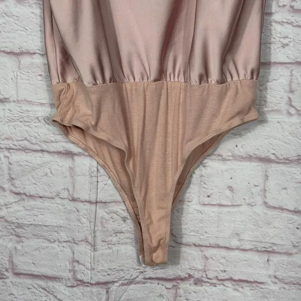 Light Pink Satin and Jersey Bodysuit with Cowl Neck and Adjustable Straps Med - Image 6