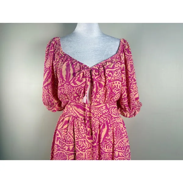 Sienna Sky Tropical‎ Puff Sleeve Dress Womens Medium Pink Excellent Smocked Back - Image 5