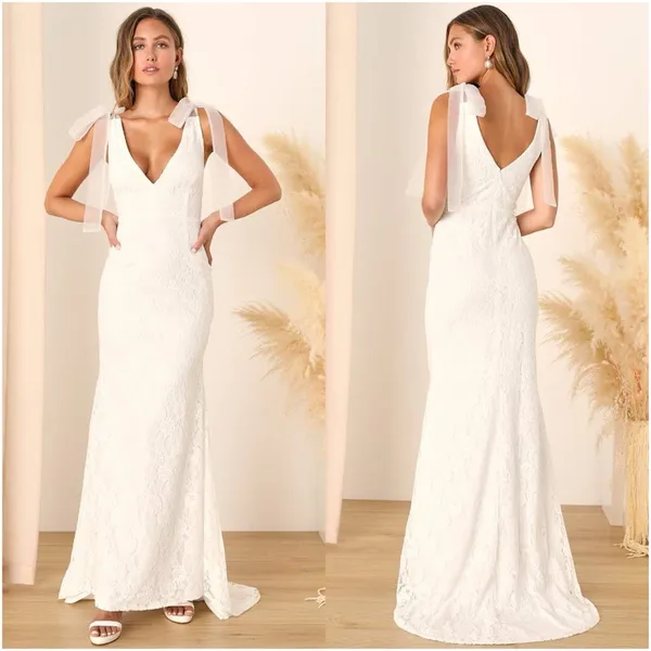LULU’S Eternally Yours White Lace Tie-Strap Mermaid Maxi Dress - Image 2