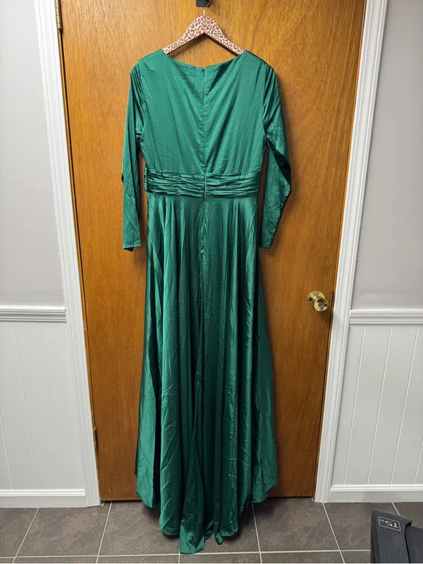 Ieena for Mac Duggal Long Sleeve Satin A-Line Maxi Dress Gown Emerald Green 10 - Image 11