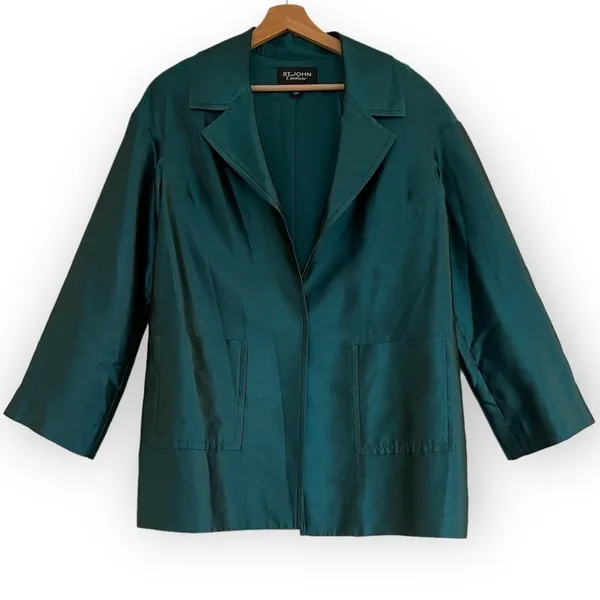 ST. JOHN COUTURE Sharkskin Silk Wool Blend Teal Open Front Jacket Blazer Size 8 - Image 7