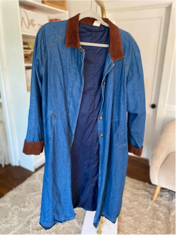 Vintage Denim Duster Coat Corduroy Collar Quiet Luxury Boho‎ Parisian Americana - Image 2