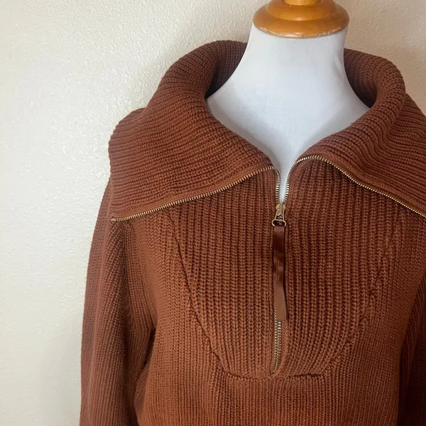 Varley Mentone Half Zip Pullover sweater Tortoise Shell Brown chunky knit SMALL - Image 3