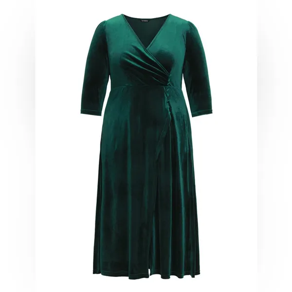Green Velvet Wrap Gathered Split Front Pockets Dress Size 18 - Image 4