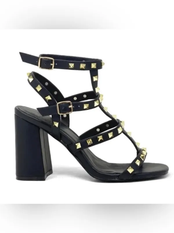 Shu Shop Women’s Black Gold Studded Block Heel Sandals Heels size 8.5 - Image 3