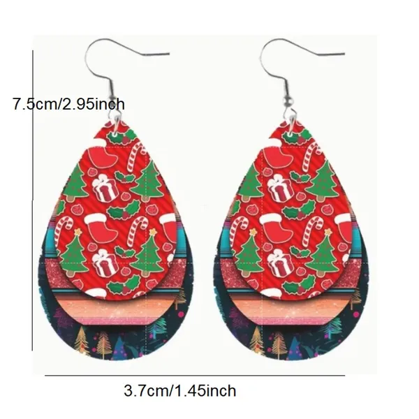 Set of 2 Christmas Teardrop Reversible PU Leather Hook Earrings C2, New! - Image 3