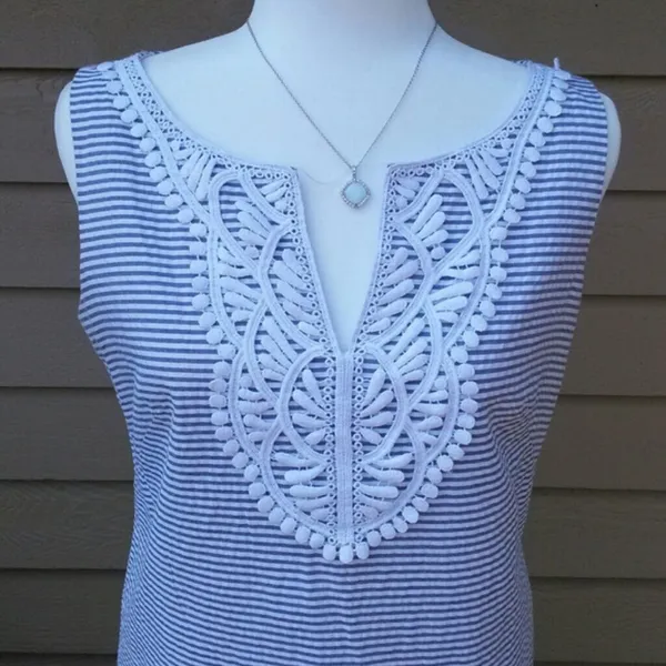 Eliza J Shift Dress Seersucker Stripe Crochet 12P - Image 6
