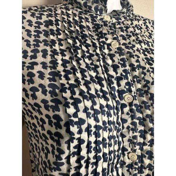 J.Crew Mushroom Print Pintuck Pleated Button‎ Front Blouse Navy White Y2K 82254 - Image 2
