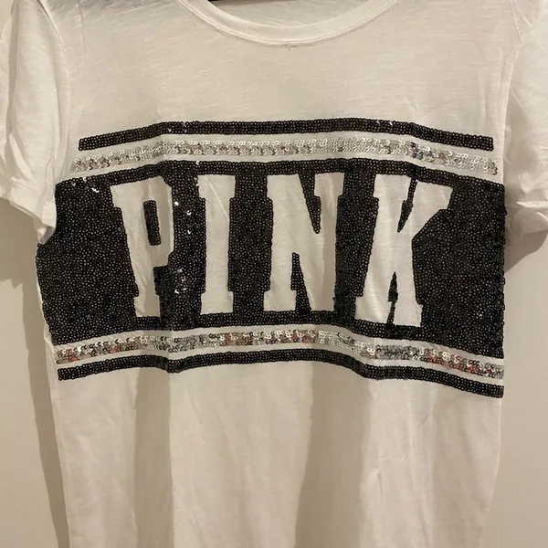 Victoria’s Secret Pink Black & White Sequin Logo T-Shirt Size L New W/O Tag - Image 4
