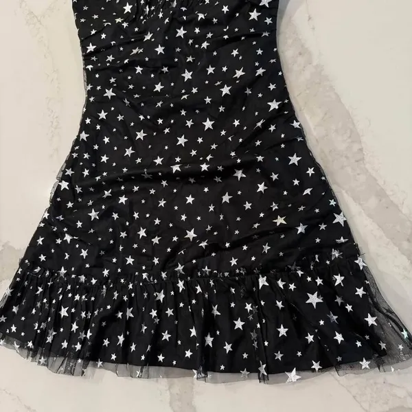 Altar’d State NWT Star Print Mini Dress Women’s Medium Black/Silver Ruched Sides - Image 2