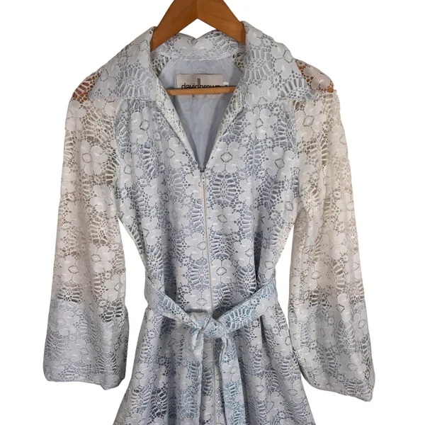 Vintage David Brown Light Blue Floral Lace Maxi Dress Zip Front Belted Small - Image 2