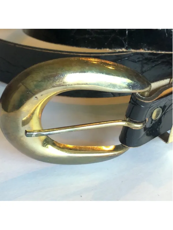 Classic Black Leather Belt with Gold Tone Buckle - Image 7