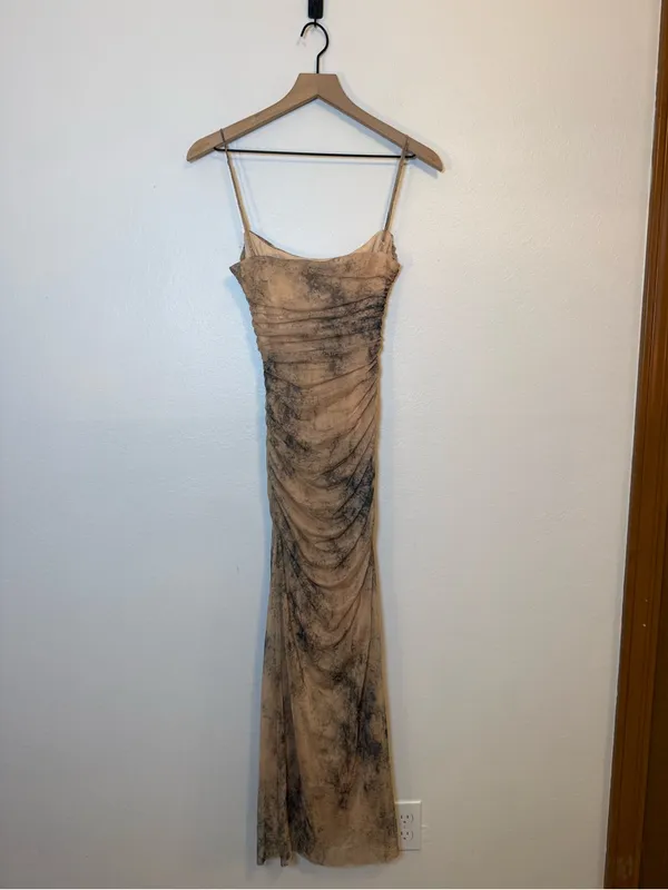 Zara Ruched Tulle Nude Tie-dye Maxi Dress - Image 4