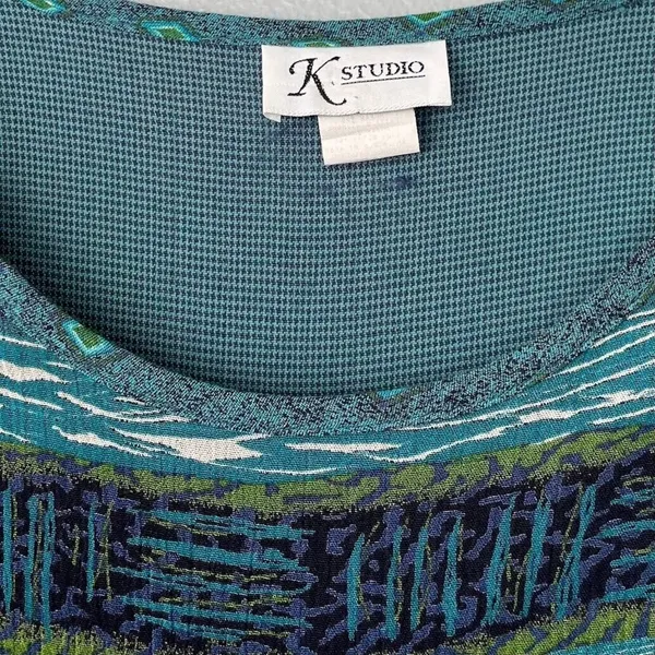 K Studio Dress Size 14 Blue Green Maxi Modest Artsy Cottage Country Lagenlook - Image 5