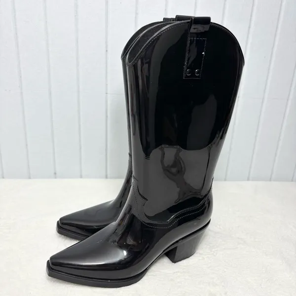 Steve Madden Glossy Tall Black‎ Heeled Rubber Boots Size 7 - Image 4