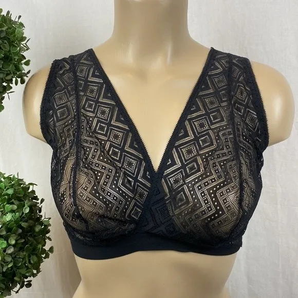 DKNY Black Sheer Unlined Wire Free Lace V Neck Bralette Bra Top M - Image 2