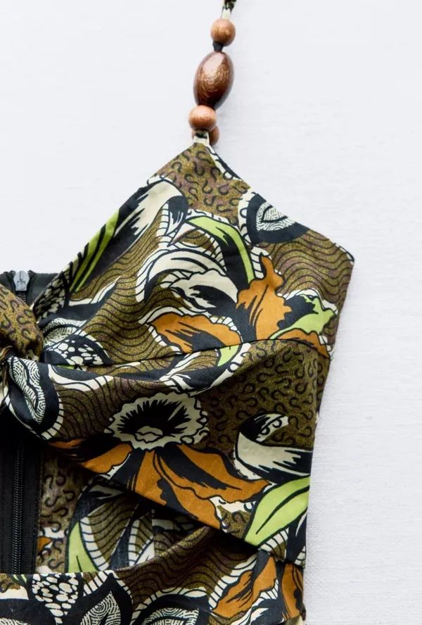 Zara Printed Mini Dress With Cut-Out Detail Tropical Brown Yellow S Small 8 4 36 - Image 3