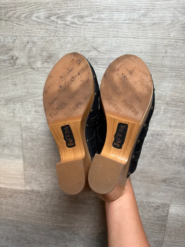 Korks Woodley Black Suede Boho Wooden Platform Clogs Mules Size 10  - Image 8