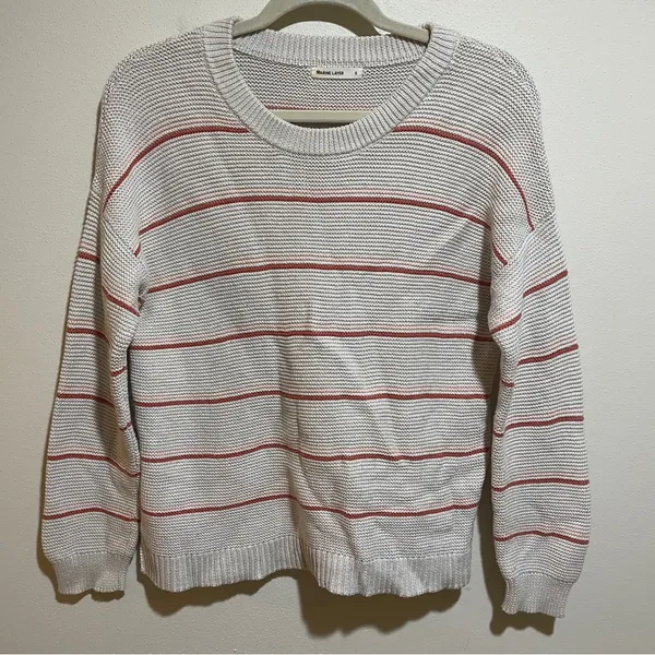 Marine Layer Nina Knit Crewneck Cotton Sweater Stripes Oatmeal Pink Size Small - Image 4