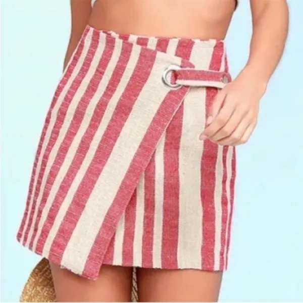 Free People Its A‎ Wrap Tuscany Mini Skirt with Red White Stripes Size medium - Image 3