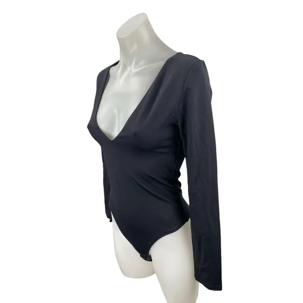 Aritzia Babaton Black Long Sleeve Plunge V Neck Thong Blouse Bodysuit Top Size M - Image 3
