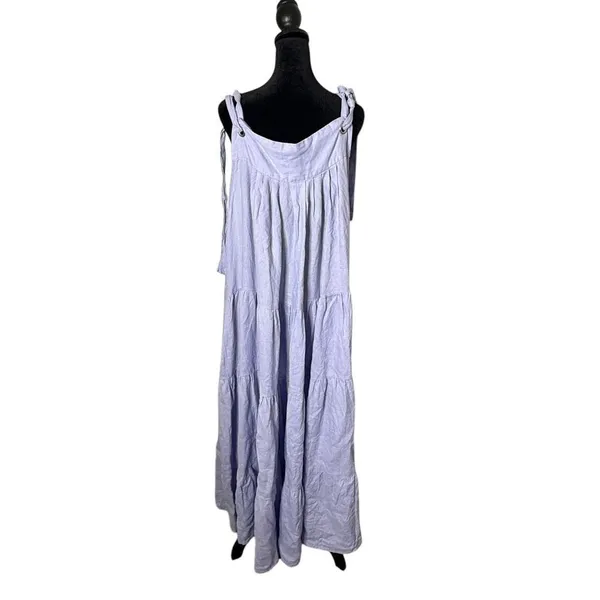 Womens Tiered Tie Should BOHO Pinafore Maxi Dress OS Lavender 100% Linen - Image 4
