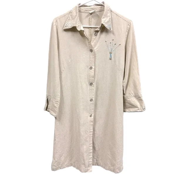Bahar Linen 3 Quarter Sleeve Button Up Tapered Beaded Shirt Dress Womens 2 - Image 11