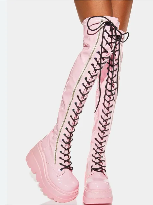 Demonia Shaker 374 Pink Patent Over-the-Knee Platform Lace-Up Boots - Image 2