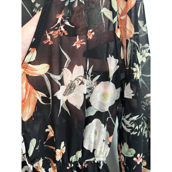 Bellambra Black Floral Sheer Maxi Dress Sz L Button‎ Front V Neck Made in Italy - Image 7