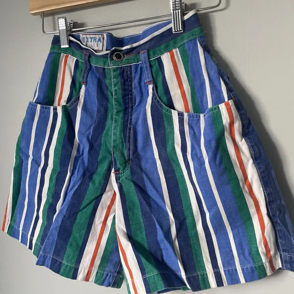 Extra Blues Vtg. 1990's High Rise Shorts Blue Green Stripes 100% Cotton Size 5 - Image 3