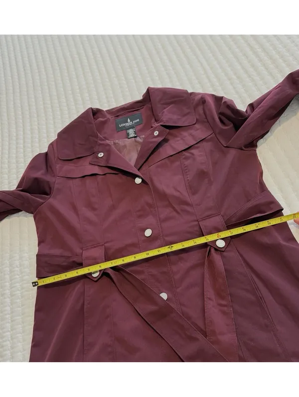London Fog Burgundy Belted Collared Trench Coat Sz L Large Missing The Hood - Image 12
